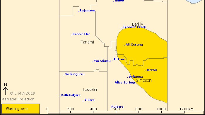 A map of the NT showing where the bad weather will hit in the Barkly.