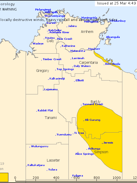 A map of the NT showing where the bad weather will hit in the Barkly.