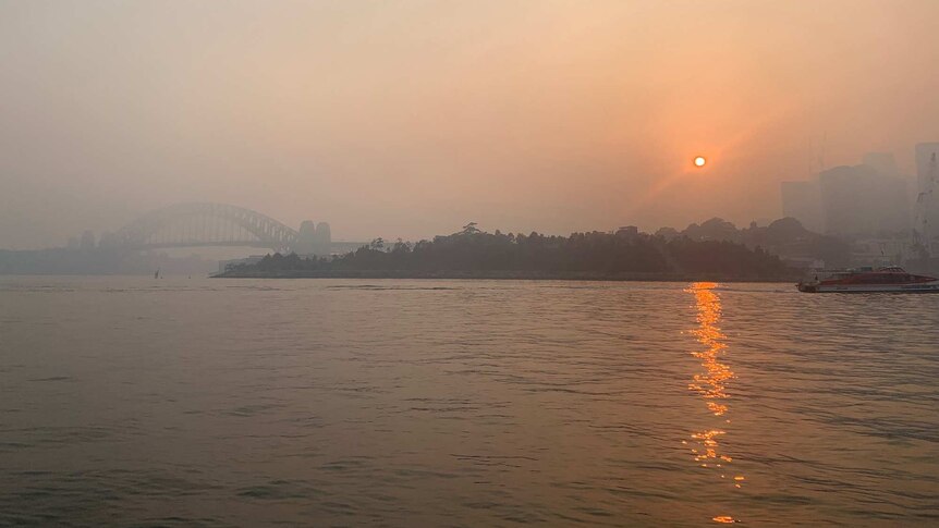 harbour bridge and city skyline with smoke and red sun rising