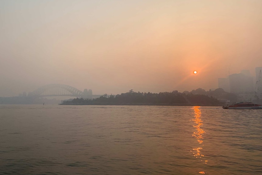 harbour bridge and city skyline with smoke and red sun rising
