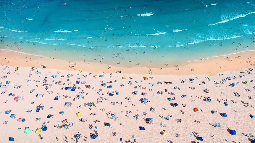A drone photo of people soaking up the sun on a beach.
