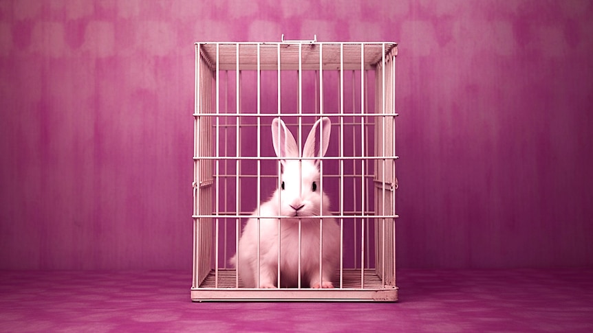 A white bunny rabbit in a small cage.