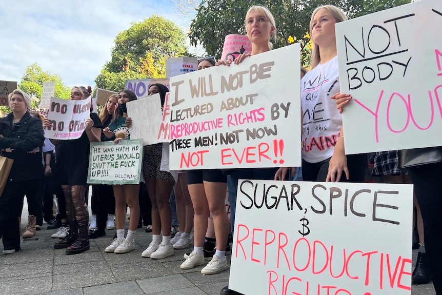 Woman standing in a protest line holding pro-abortion signs.