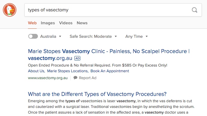 A screenshot of search result for the phrase 'types of vasectomy'on DuckDuckGo