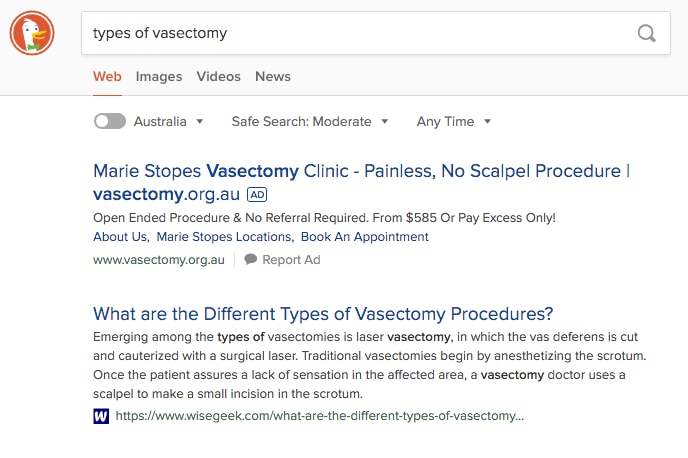 A screenshot of search result for the phrase 'types of vasectomy'on DuckDuckGo