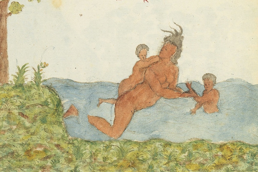 A painting of a woman and child swimming in blue water near green grass.