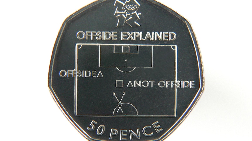 The 50p coin that carries an explanation of the football offside rule.