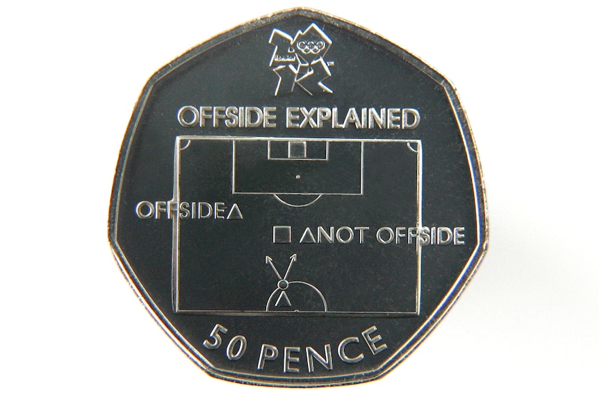 The 50p coin gives a simple explanation of the offside rule via a diagram.
