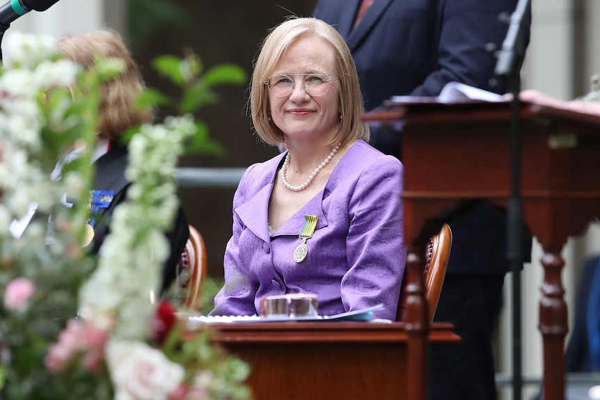 Dr Jeannette Young looks on during a swearing in ceremony at Queensland Parliament in Brisbane.