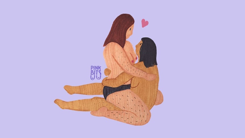 A drawing of a person sitting on top of another person lovingly embracing with a love heart above them