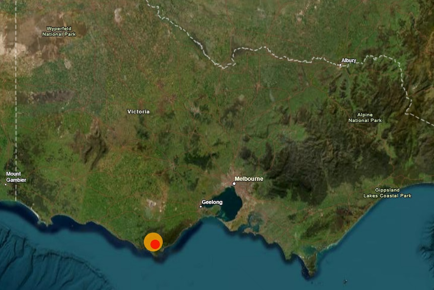 A screenshot showing a red and yellow circle where earthquakes occurred on Victoria's coast.