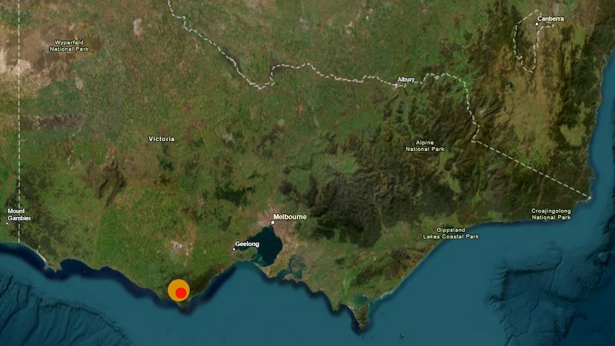 A screenshot showing a red and yellow circle where earthquakes occurred on Victoria's coast.