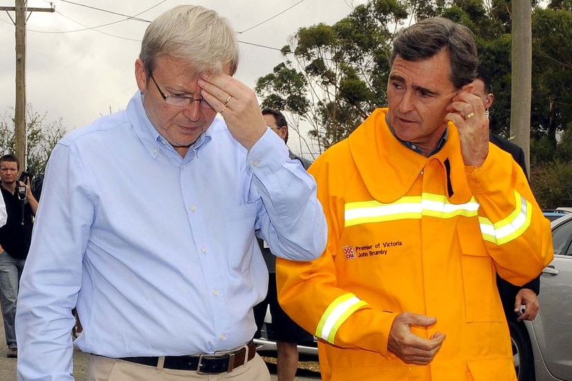 Emergency relief: Prime Minister Kevin Rudd and Victorian Premier John Brumby are touring the fire-ravaged areas.