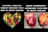 Two health warnings, one showing fruit and vegetables arranged in a heart, and the other showing a healthy and unhealthy heart.