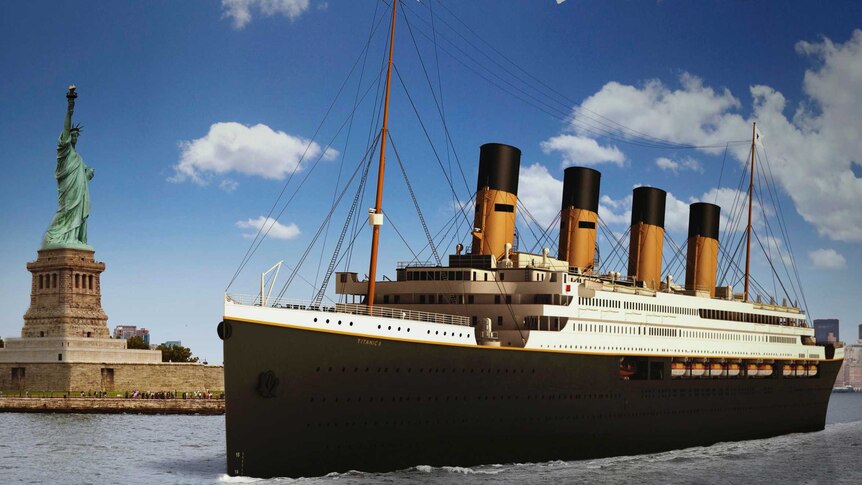 Rendering of Titanic II departing New York City.