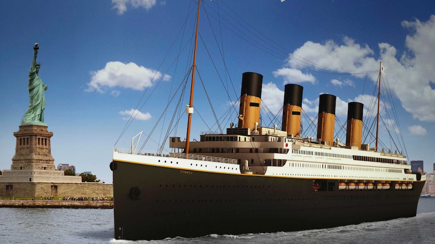 Rendering of Titanic II departing New York City.