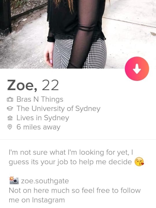 A fake Tinder profile for someone called Zoe.