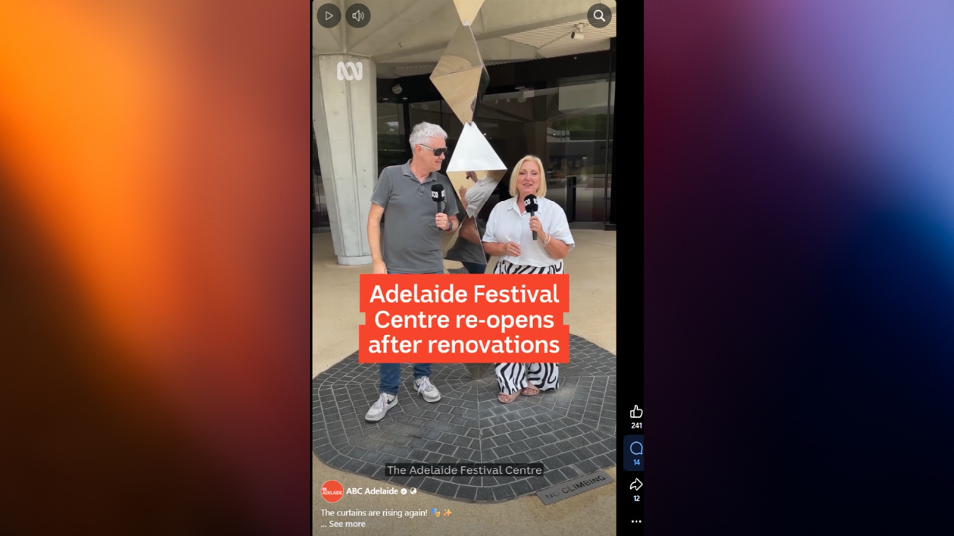screen grab of social video of two people with microphones Adelaide Festival Centre reopens after renovations