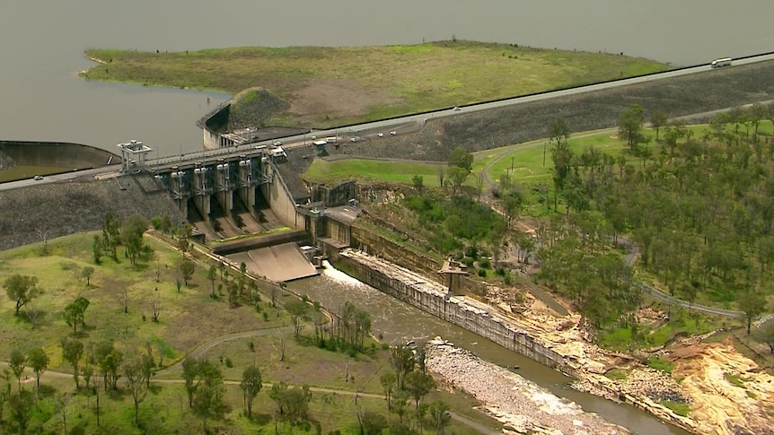 Water being relased from the dam. Photo taken from a helicopter. 