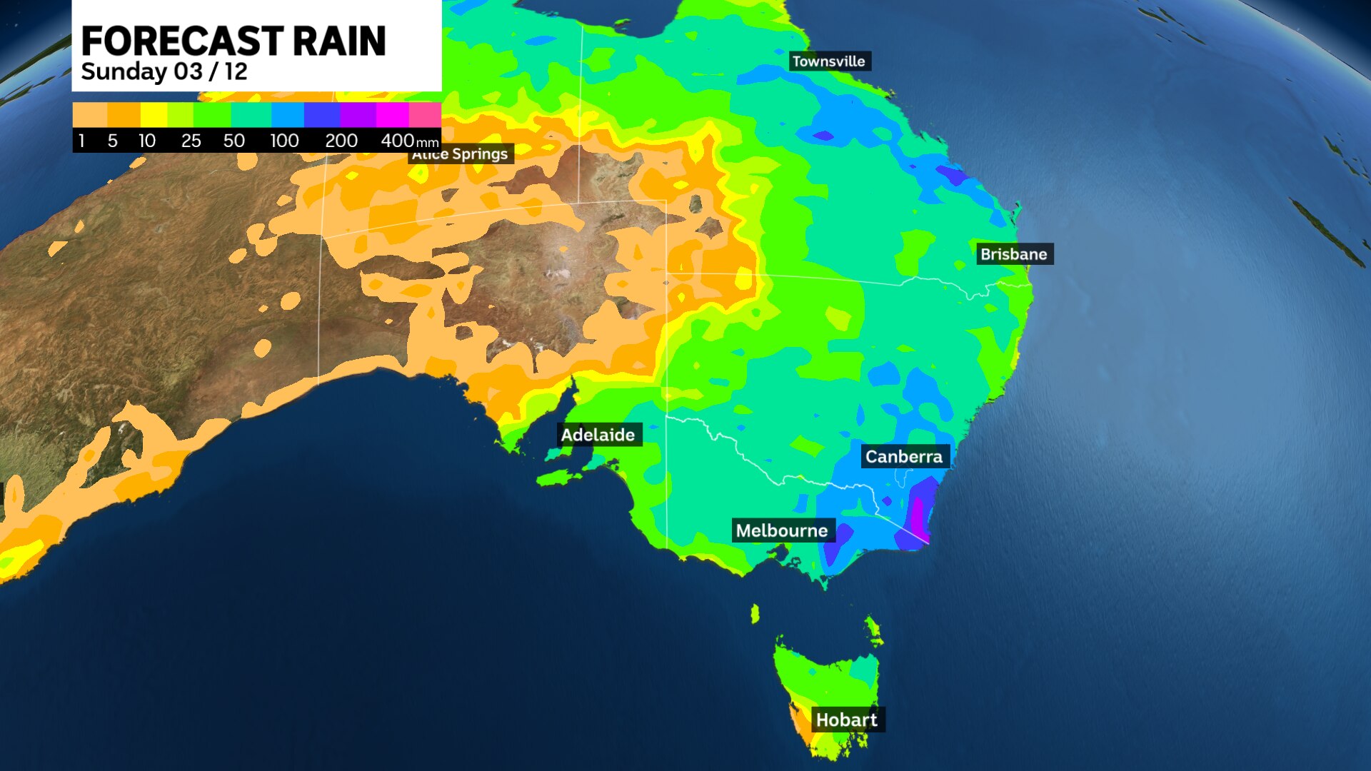 a graphic map of australia with patches of colours to denote rain, drought and heat