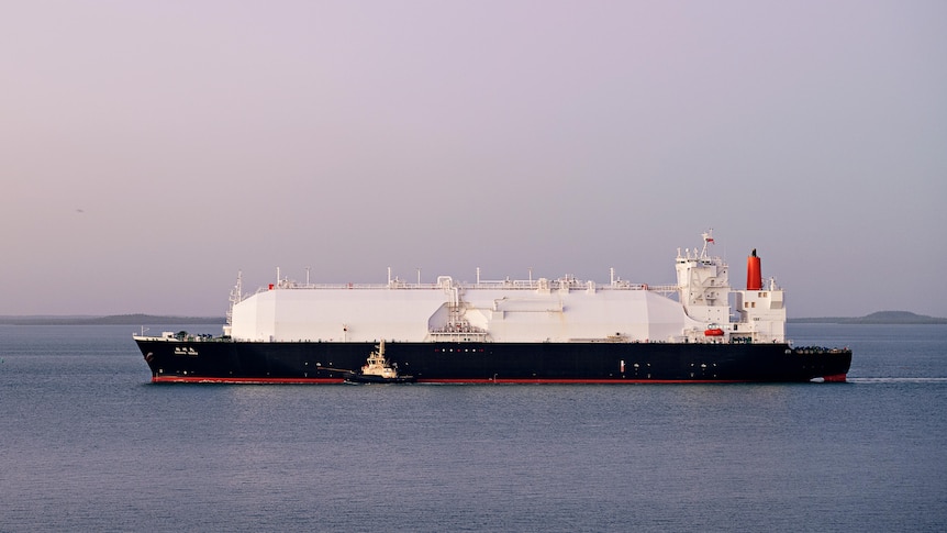 A gas ship being guided into Darwin Harbour by a tug boat.