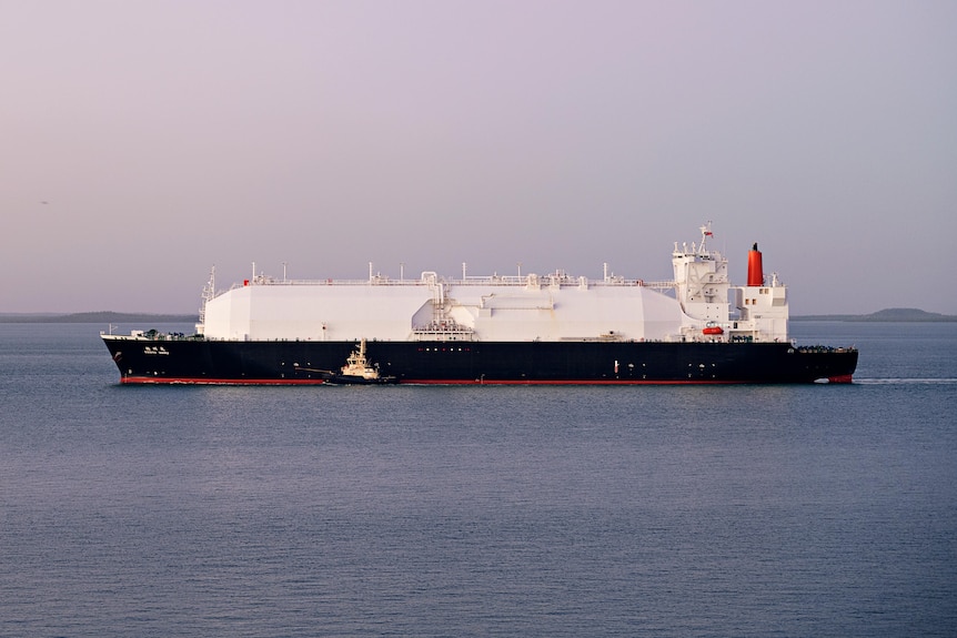 a gas ship being guided into Darwin harbour by a tug boat 