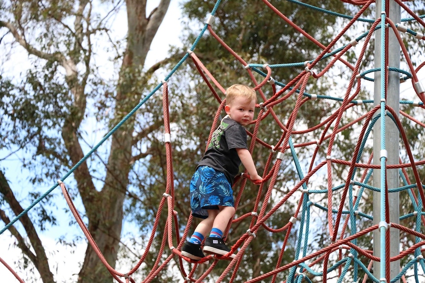 Three-year-old Micah climbs a playground rope net