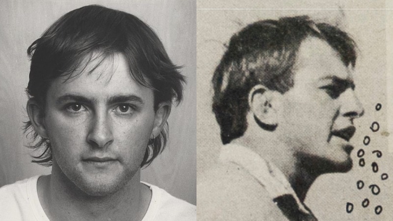 Two black and white images show a young Anthony Albanese and Tony Abbott