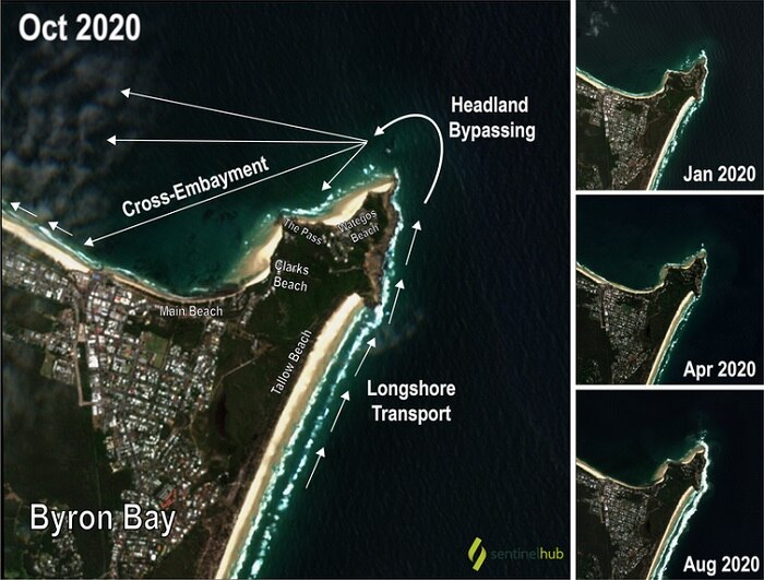 Satellite images showing sand movement around Cape Byron.