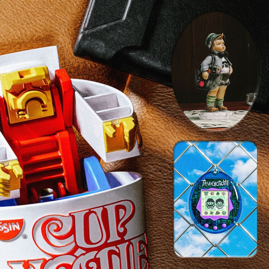 collage of a tamagotchi, cup noodle and transformer
