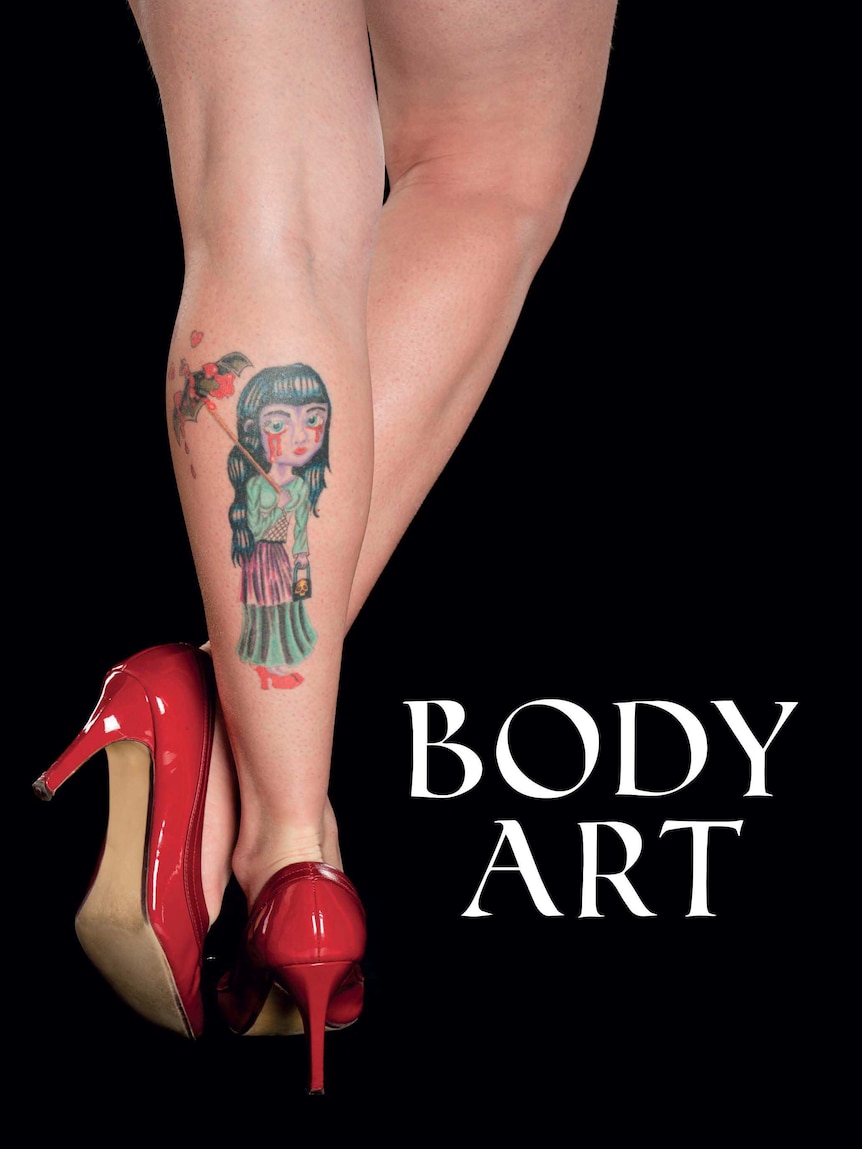 Front cover of the National Library's Body Art book showing a leg tattoo.