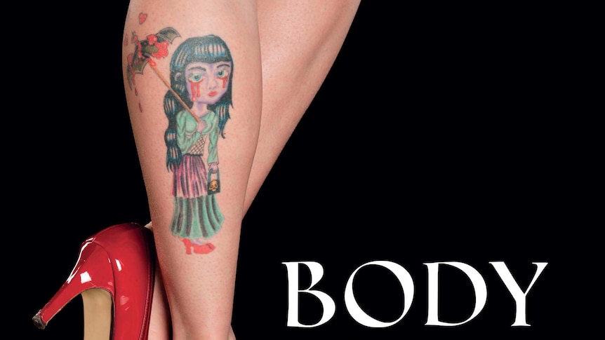 Front cover of the National Library's Body Art book showing a leg tattoo.