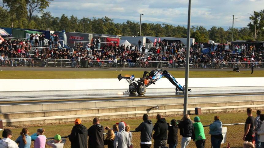 Phil Lamattina's car was snapped in two in a high-speed crash at Willowbank on Saturday afternoon.