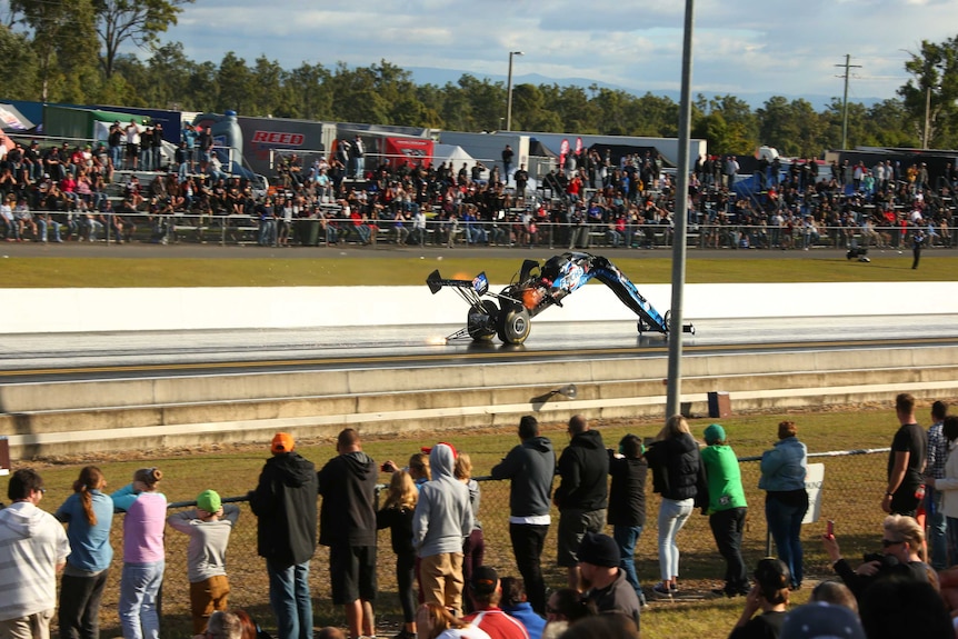 Phil Lamattina's car was snapped in two in a high-speed crash at Willowbank on Saturday afternoon.