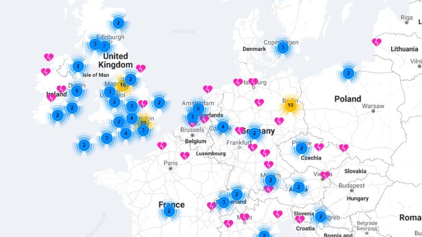 Numbers and broken heart icons are spread over a map of Western Europe
