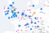 Numbers and broken heart icons are spread over a map of Western Europe