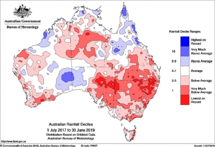 Map of Australia red indicating below average rain for all but a watch on the SA/WA border, parts of the north coast N QLD.