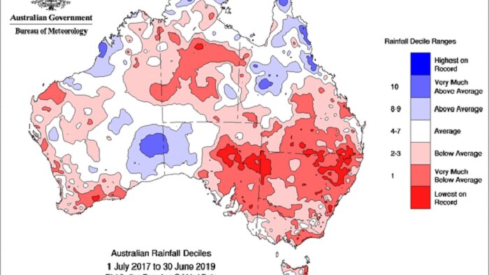 Map of Australia red indicating below average rain for all but a watch on the SA/WA border, parts of the north coast N QLD.