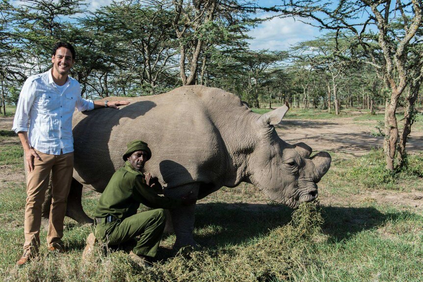 Sudan the northern white rhino with keeper Mohammad and actor Khaled Abol Naga