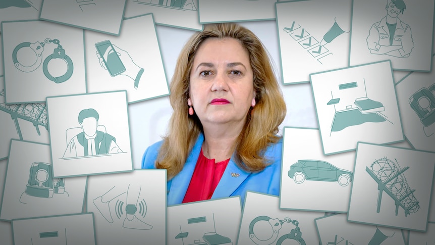 Queensland Premier Annastacia Palaszczuk surrounded by youth justice illustrations