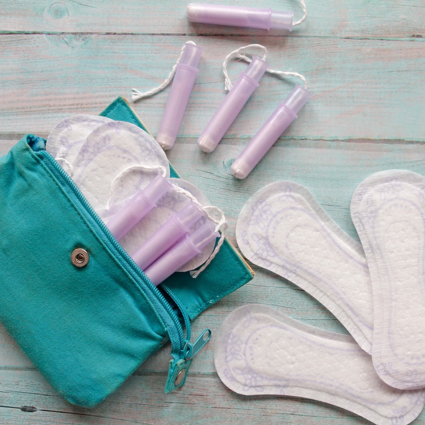 Blue zip bag with tampons and sanitary pads