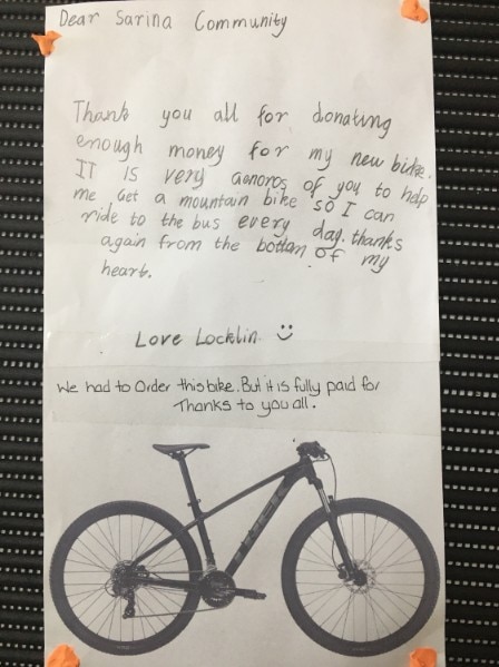 A hand written hand written note by Locklin, which is full of cute spelling mistakes thanking the people of Sarina