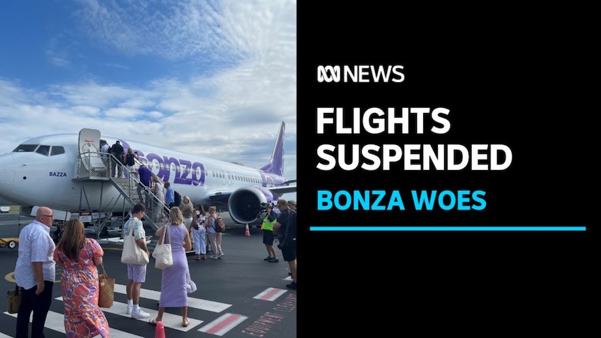 Flights Suspended, Bonza Woes: People line up to board a 'Bonza' plane via stairs on an airport runway.