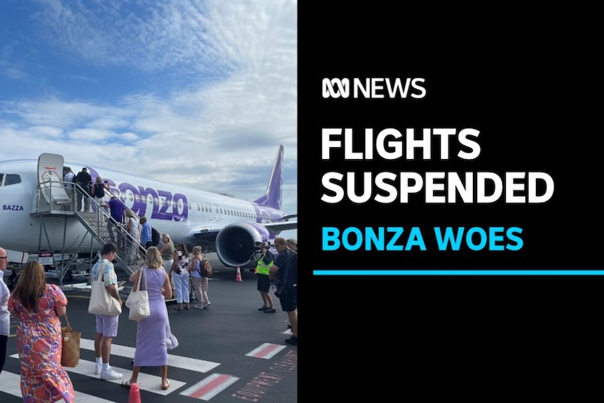 Flights Suspended, Bonza Woes: People line up to board a 'Bonza' plane via stairs on an airport runway.