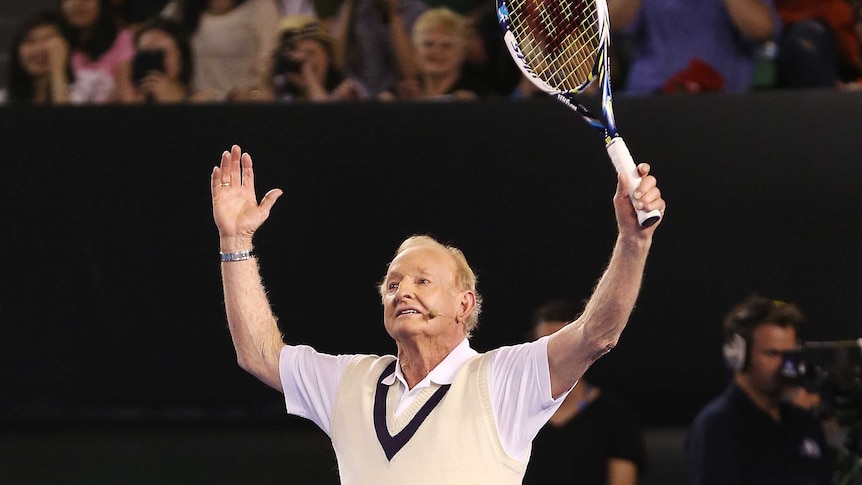Rod Laver during a Roger Federer charity match