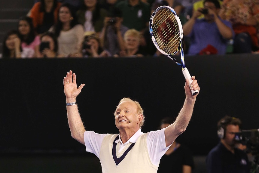 Rod Laver during a Roger Federer charity match
