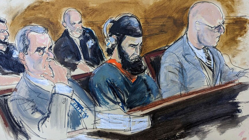 Courtroom sketch shows Sayfullo Saipov flanked by his attorneys. He is depicted wearing a head covering and has a dark beard.