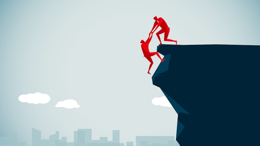 Illustration of two men climbing a cliff. One is at the top, pulling the other up. There is a city skyline in the background.