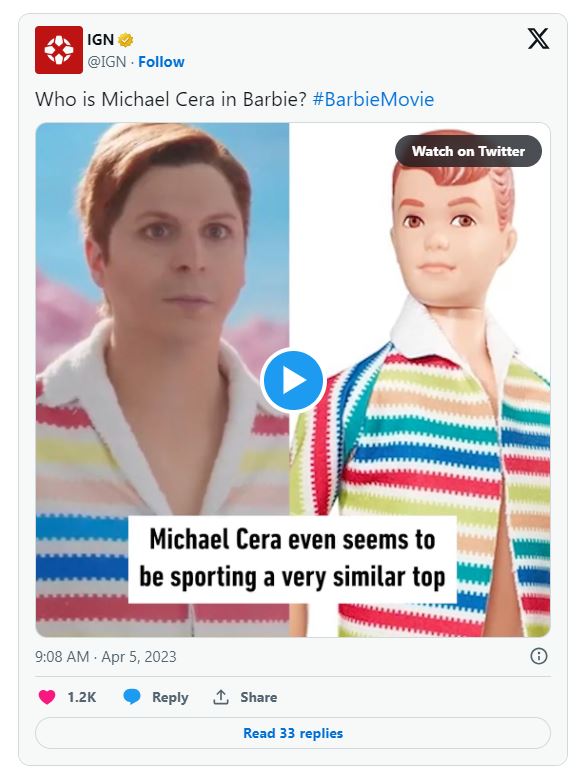 IGN post on X with photo of Michael Cera side by side with Allan doll in colourful striped jacket.