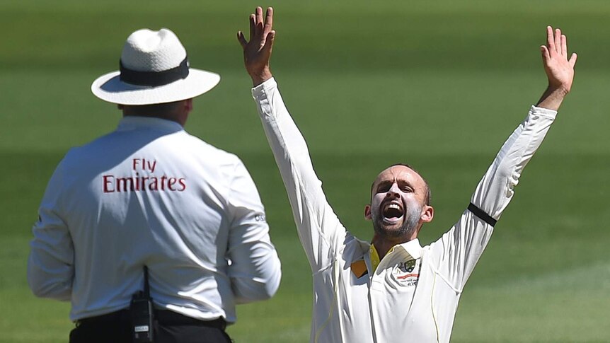 Nathan Lyon appeals on day five of the first Test against India at Adelaide Oval